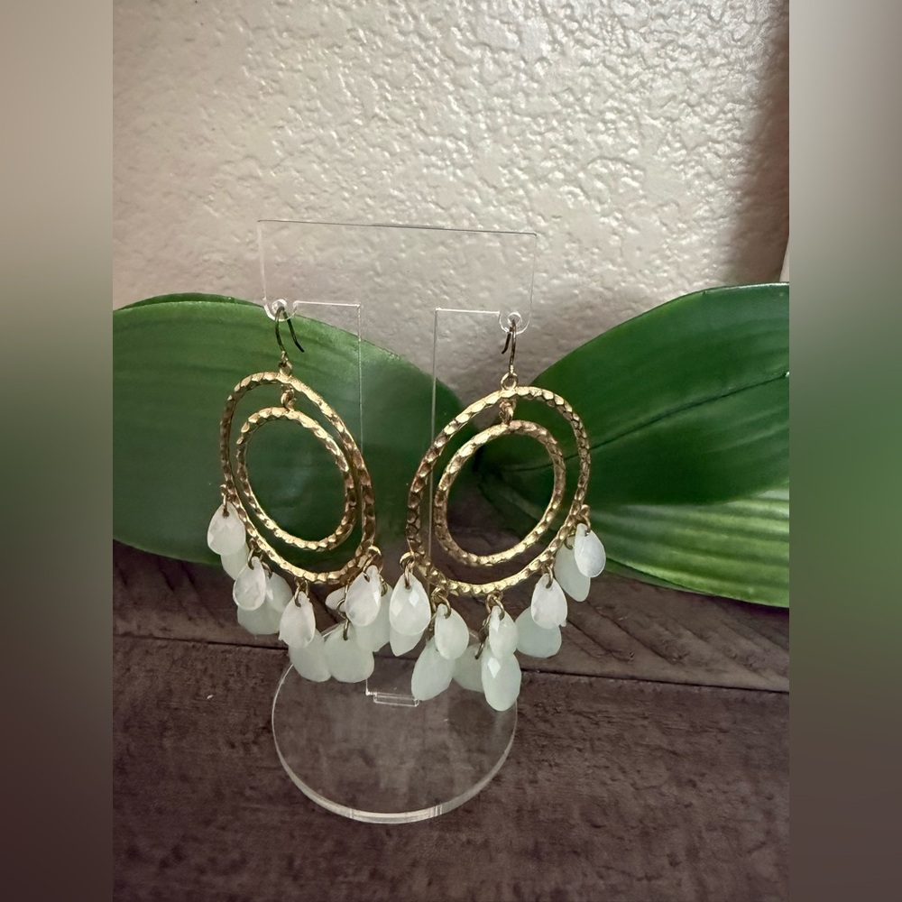 Elegant Gold and Light Green Dangle Earrings